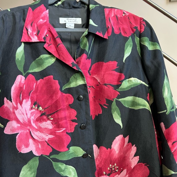 RAFAEL Black and Red Floral 100% Silk Blouse/Jacket - Picture 3 of 7